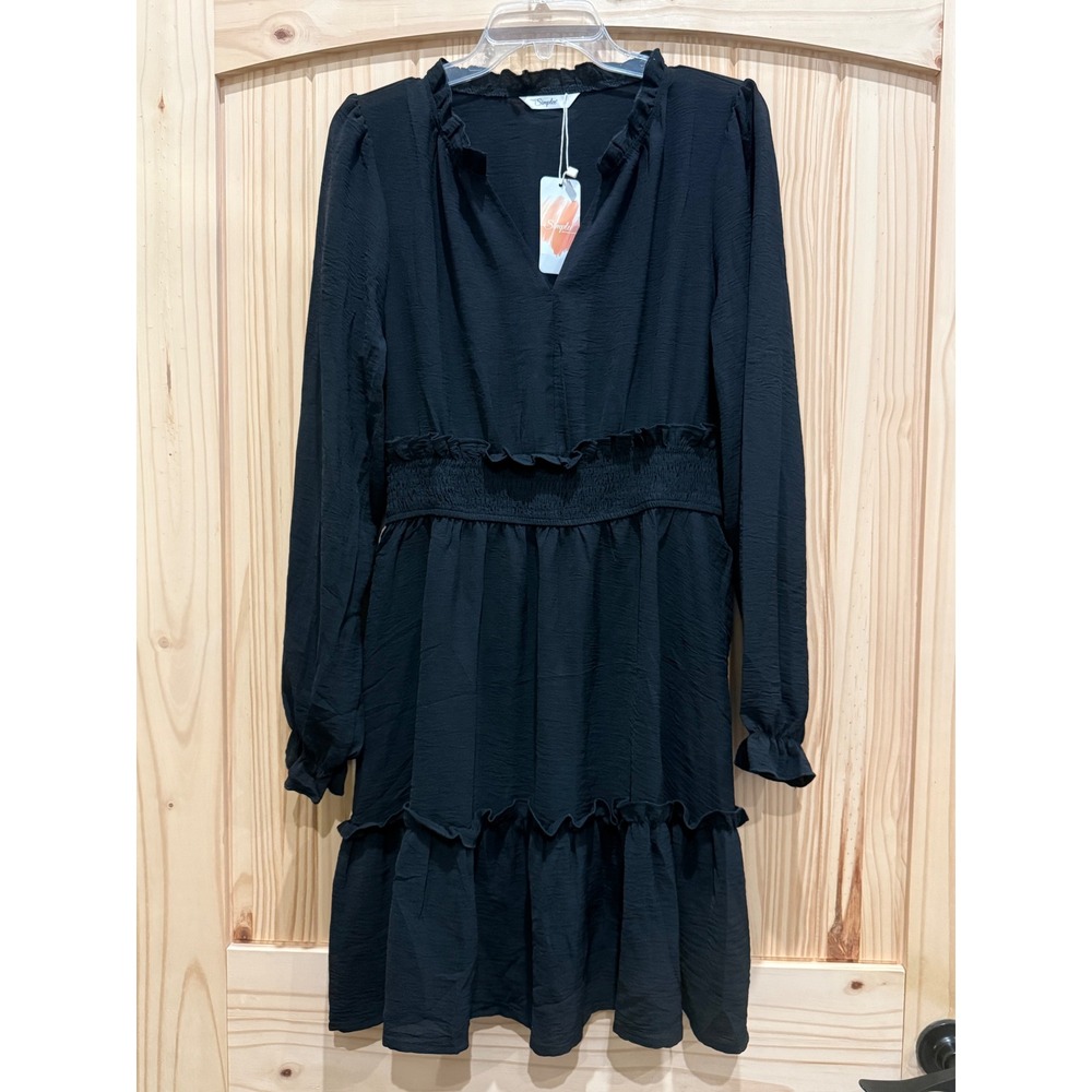 Simplee Black Long Sleeve Ruffle V-Neck Smocked Waist Tiered Mini Dress Large